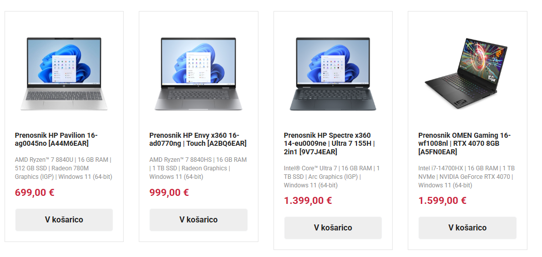 Slika 4 prenosniki z različnimi procesorji Intel in AMD